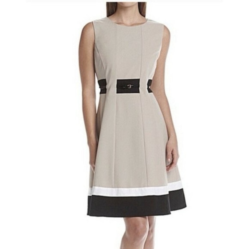 NWOT Calvin Klein Cream and Black a line Midi Dress with belt